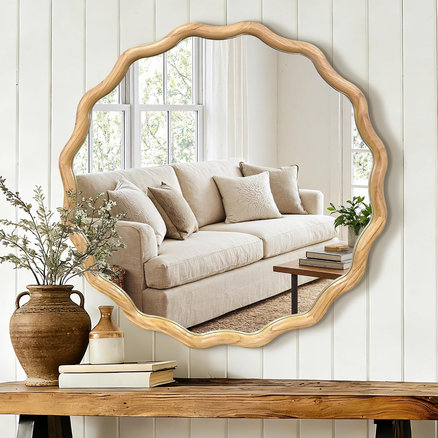 28 Inch Wavy Wooden Frame Mirror