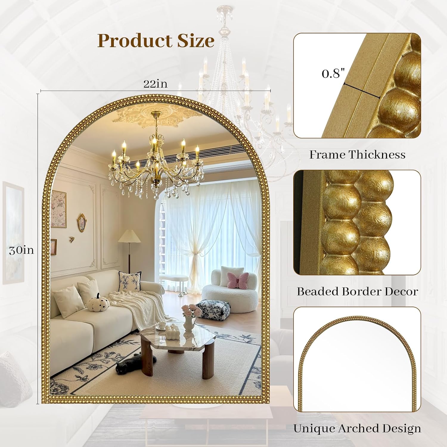 Gold Arched Wall Mirror, Beaded Frame