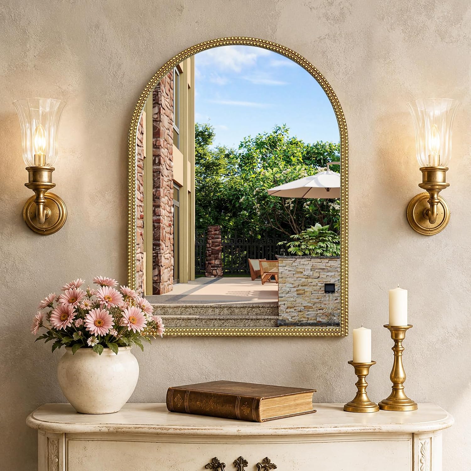 Gold Arched Wall Mirror, Beaded Frame