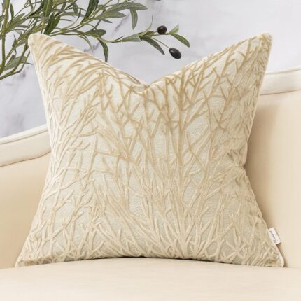 Beige Velvet Botanical Embroidered Pillow