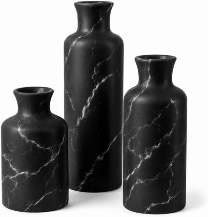 3-Piece Black Marble Ceramic Vase Set