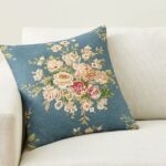 Blue Embroidered Floral Throw Pillow