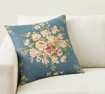 Blue Embroidered Floral Throw Pillow