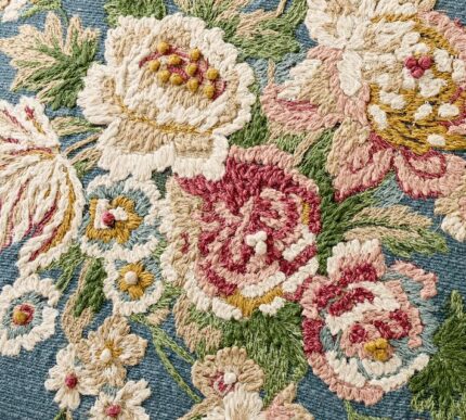 Blue Embroidered Floral Throw Pillow