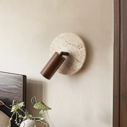 Circular Travertine and Wood Sconce