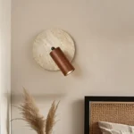 Circular Travertine and Wood Sconce