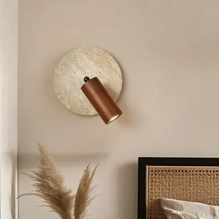 Circular Travertine and Wood Sconce