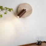 Circular Travertine and Wood Sconce
