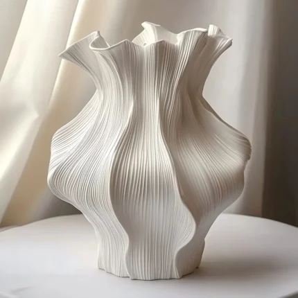 White Ceramic Ruffled Decor Vase