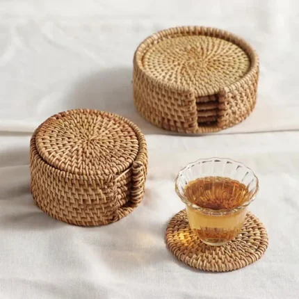 Woven Rattan Coaster Set with Holder