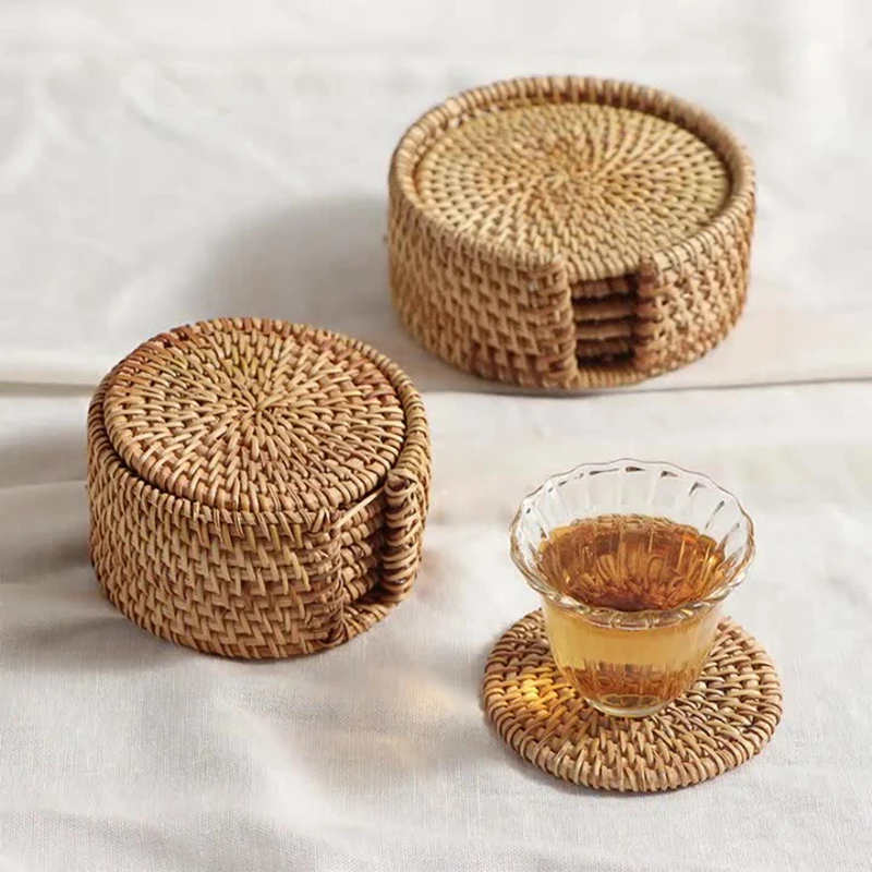 Woven Rattan Coaster Set with Holder Woven Rattan Coaster Set with Holder